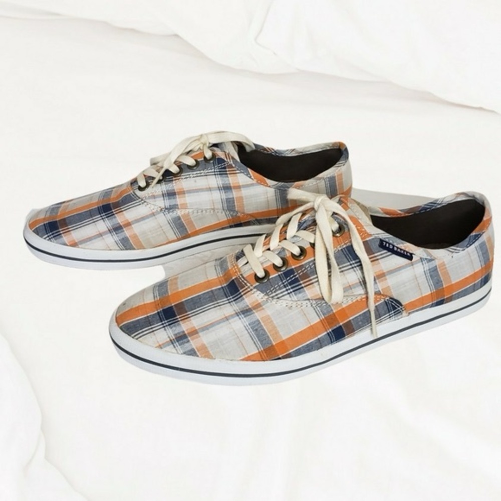 Ted Baker London and Beyond blue orange white plaid boat shoes size 8 mens